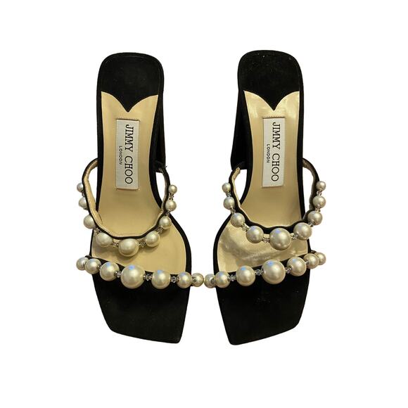 Jimmy Choo Amara 85 Faux Beads Pearl Embellished Sandals Block Heel Suede Sz 36 - Picture 5 of 14
